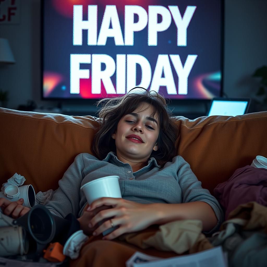 Exhausted Woman Relaxes on Friday in Hyperrealistic Style