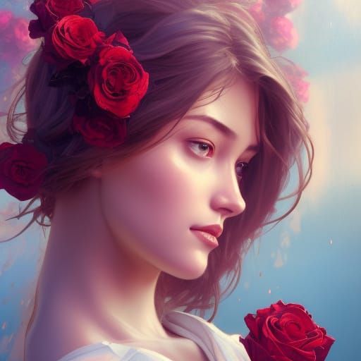 Beautiful girl with roses surrounding her