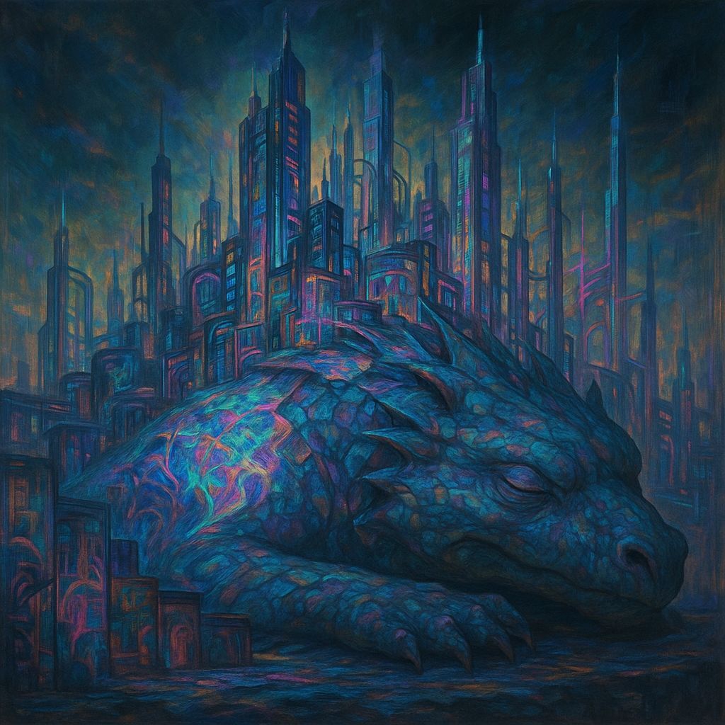 Futuristic Cityscape on Colossal Beast as Sci-Fi Art