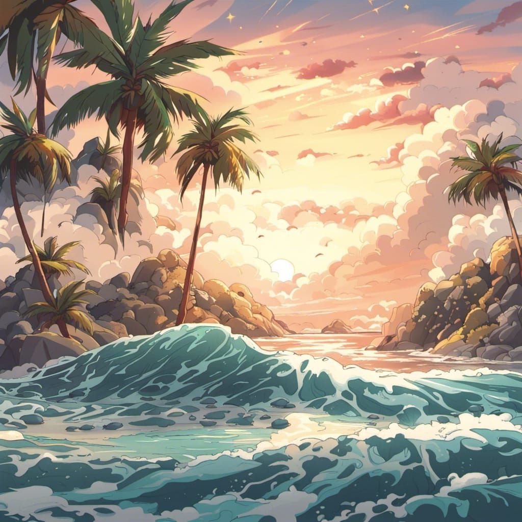 Tranquil Palm Beach in Anime Style