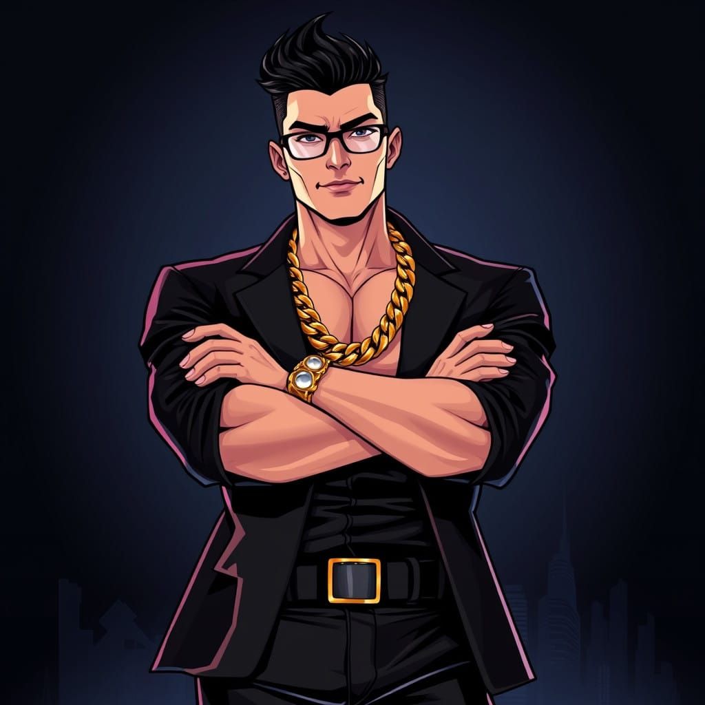 Confident Figure in Dark Gradient Background with Neon Accen...