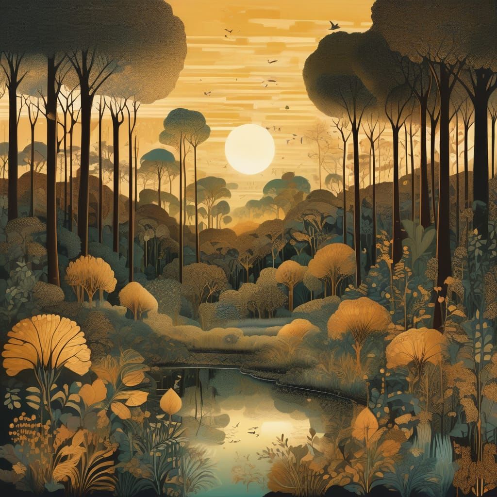 Mystical Golden Hour Forest Landscape in Naïve Style