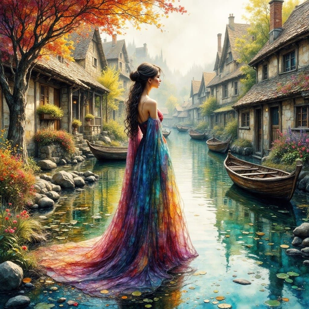 Medieval Village River Scene in Black Watercolour and Ink