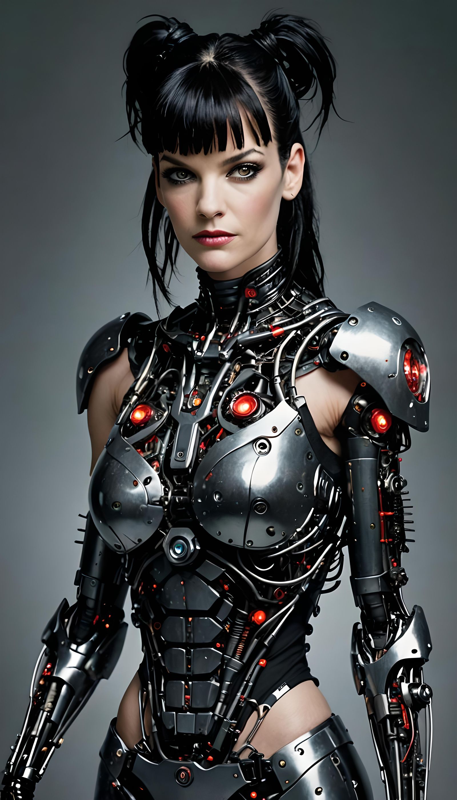 Pauley Perrette as a cyborg, half human, half robot. intrica...