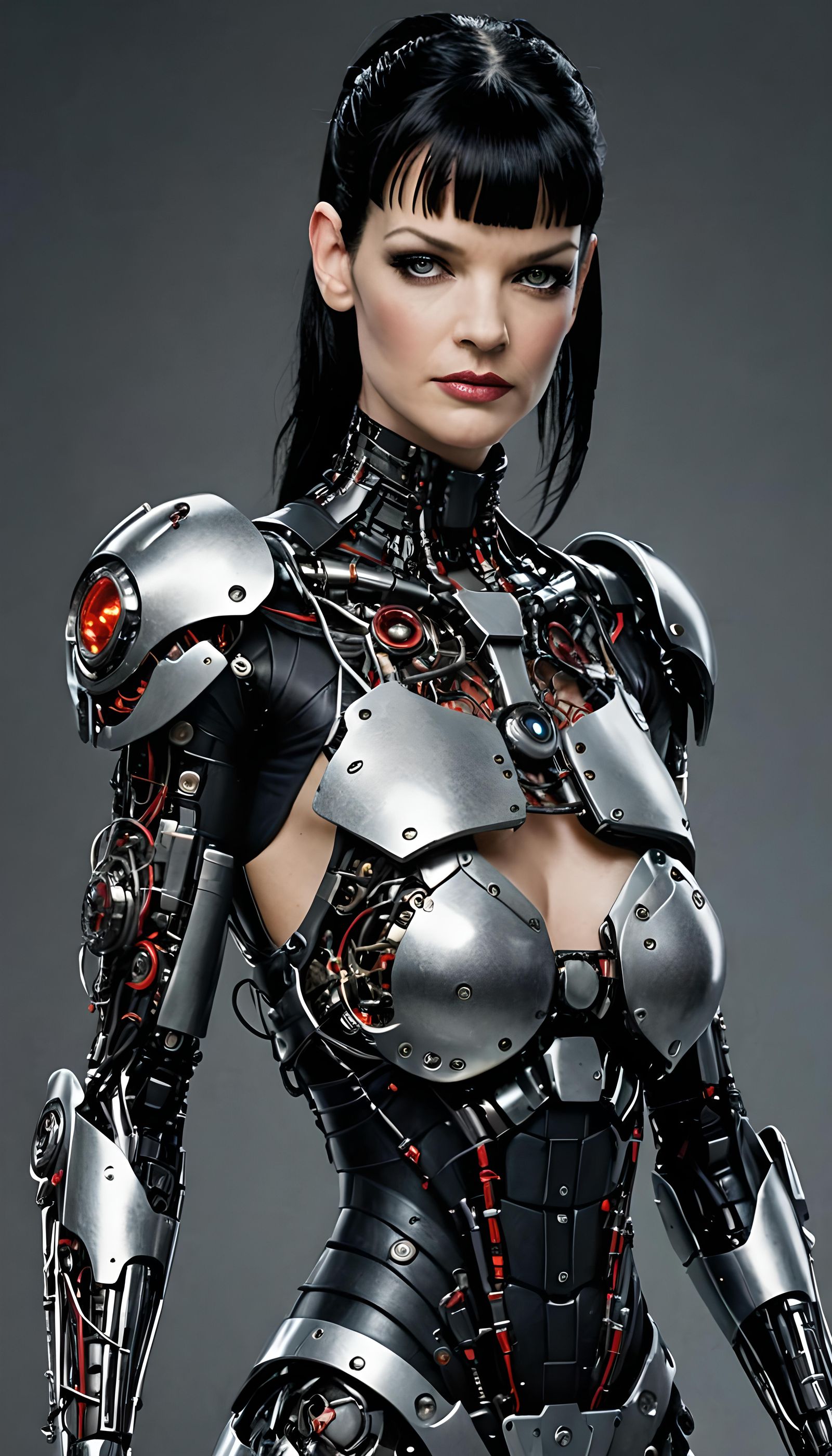 Pauley Perrette as a cyborg, half human, half robot. intrica...