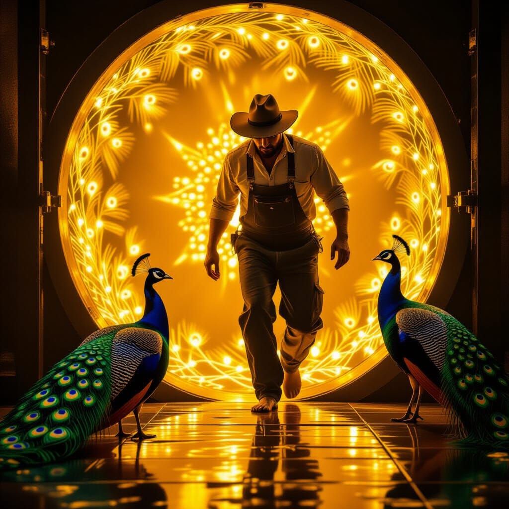 Farmer Enters Glowing Golden Craft with Peacock