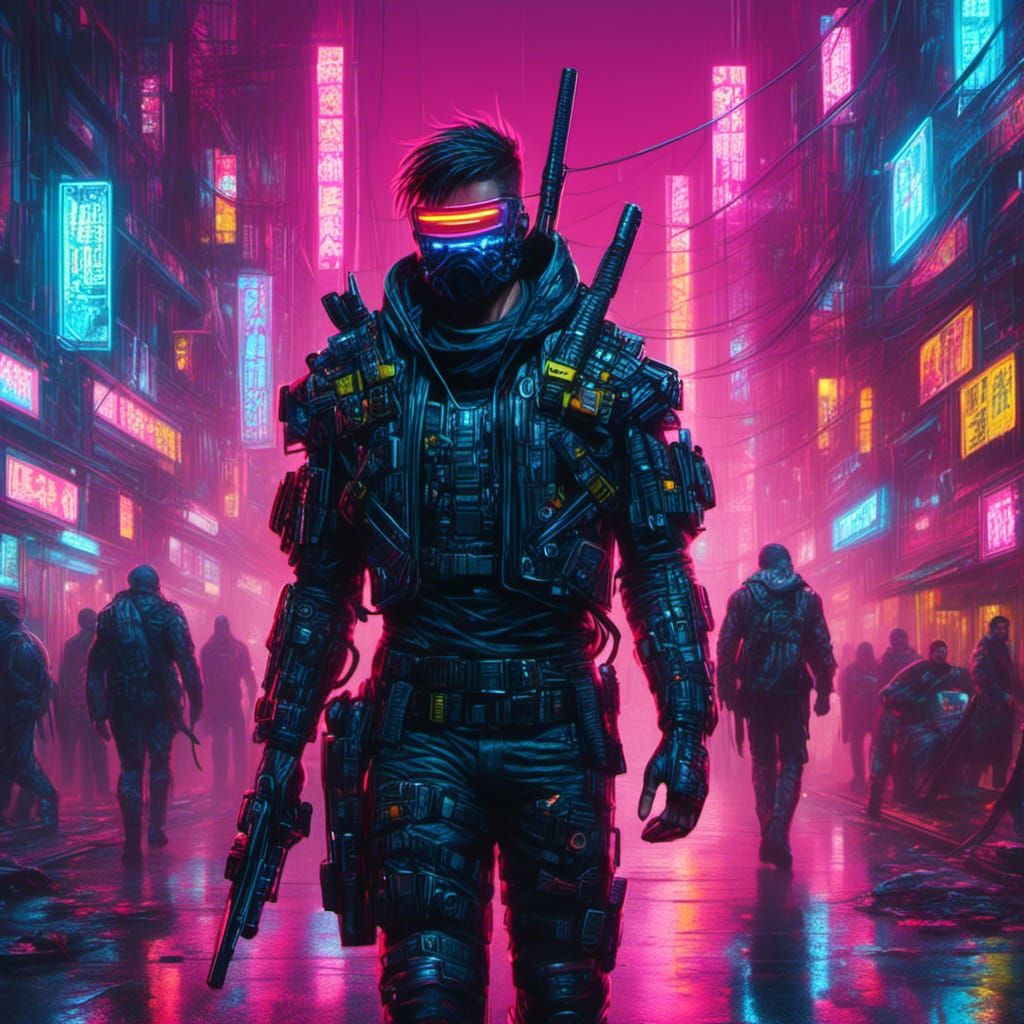 Cyberpunk Warrior in Neon Cityscape