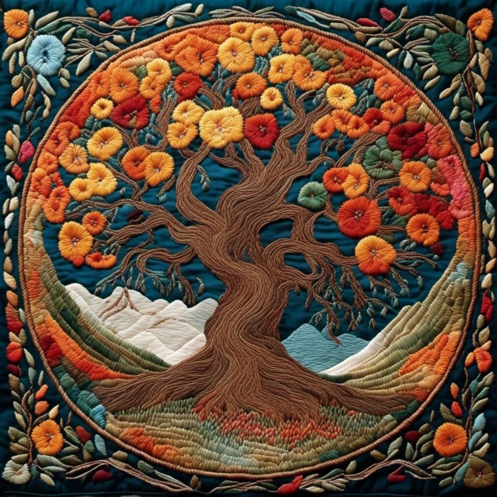 Embroidered World Tree Tapestry with Visible Stitches