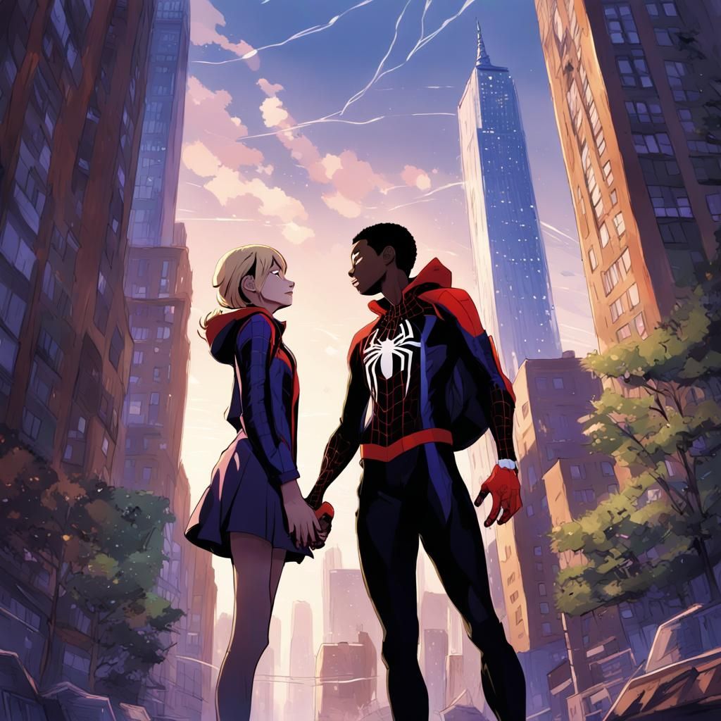 Miles Morales and Gwen Stacy in Anime Style
