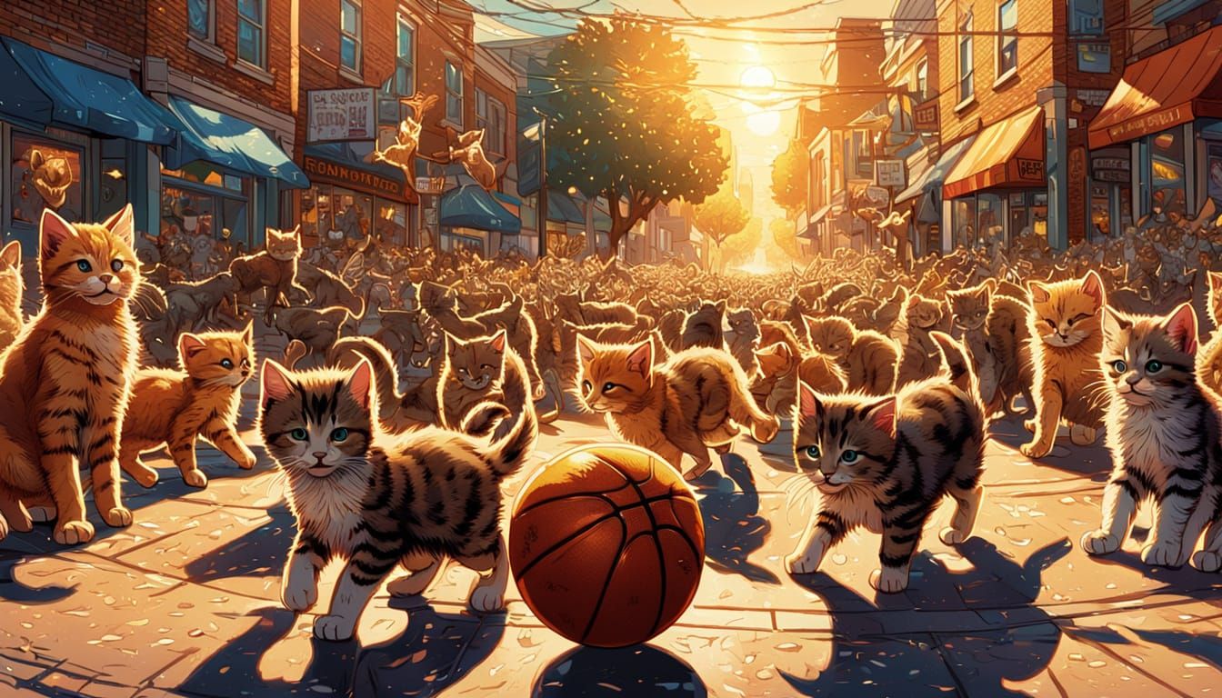 Kittens Play Basketball: Comic Book Style Scene