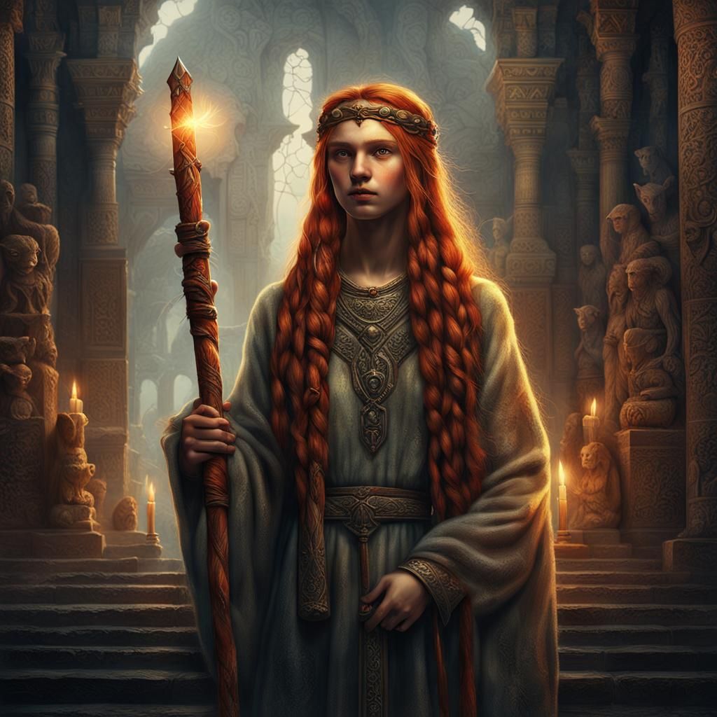 Slavic Priestess with Divine Staff in Temple