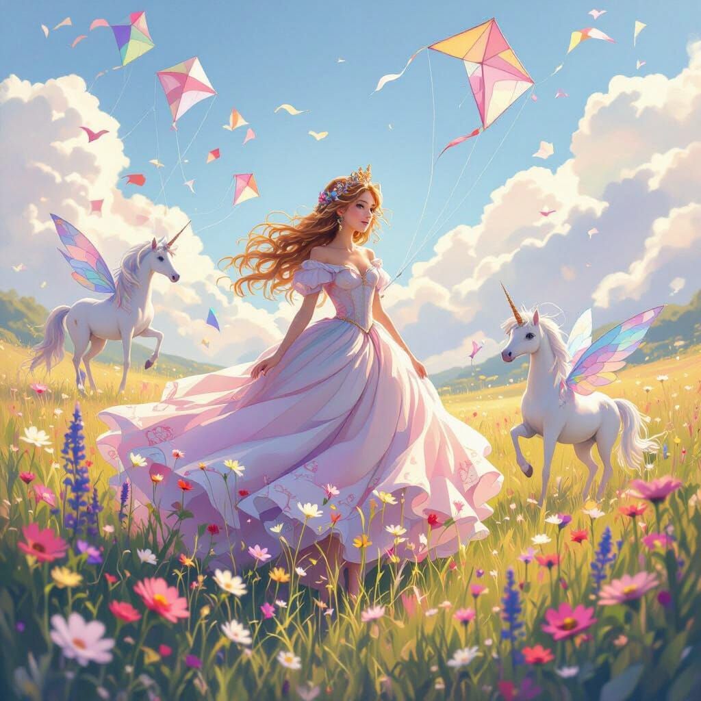 Princess with Kite-Flying Unicorn Fairies, Watercolor Style