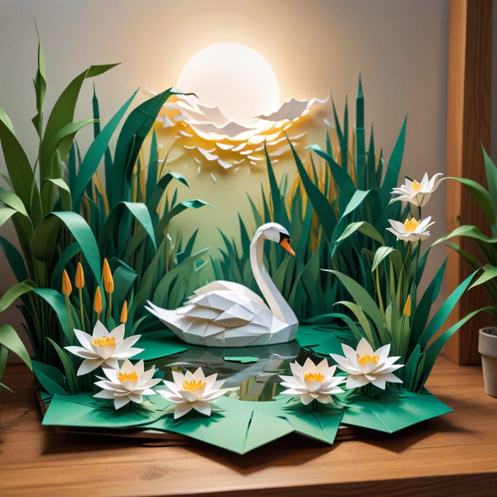 Origami Forest Lake Diorama with Swan at Sunrise
