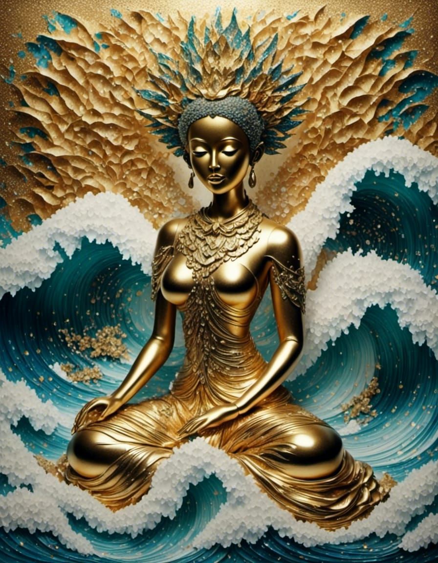 Golden Buddha Rides a Wave in Baroque Style