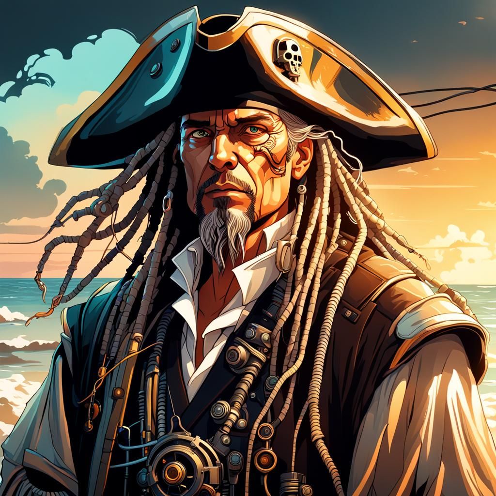 Cyborg Pirate Captain Portrait in Cyberpunk Style
