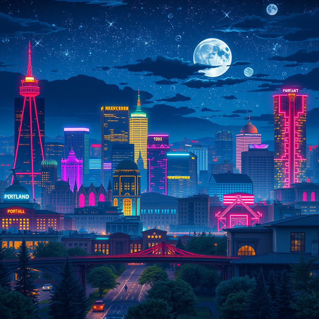 Portland Skyline at Night in Ghibli Anime Style