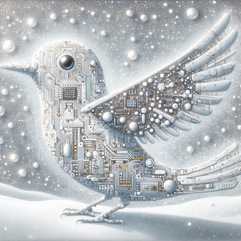 Futuristic Robotic Bird in Gleaming White Landscape