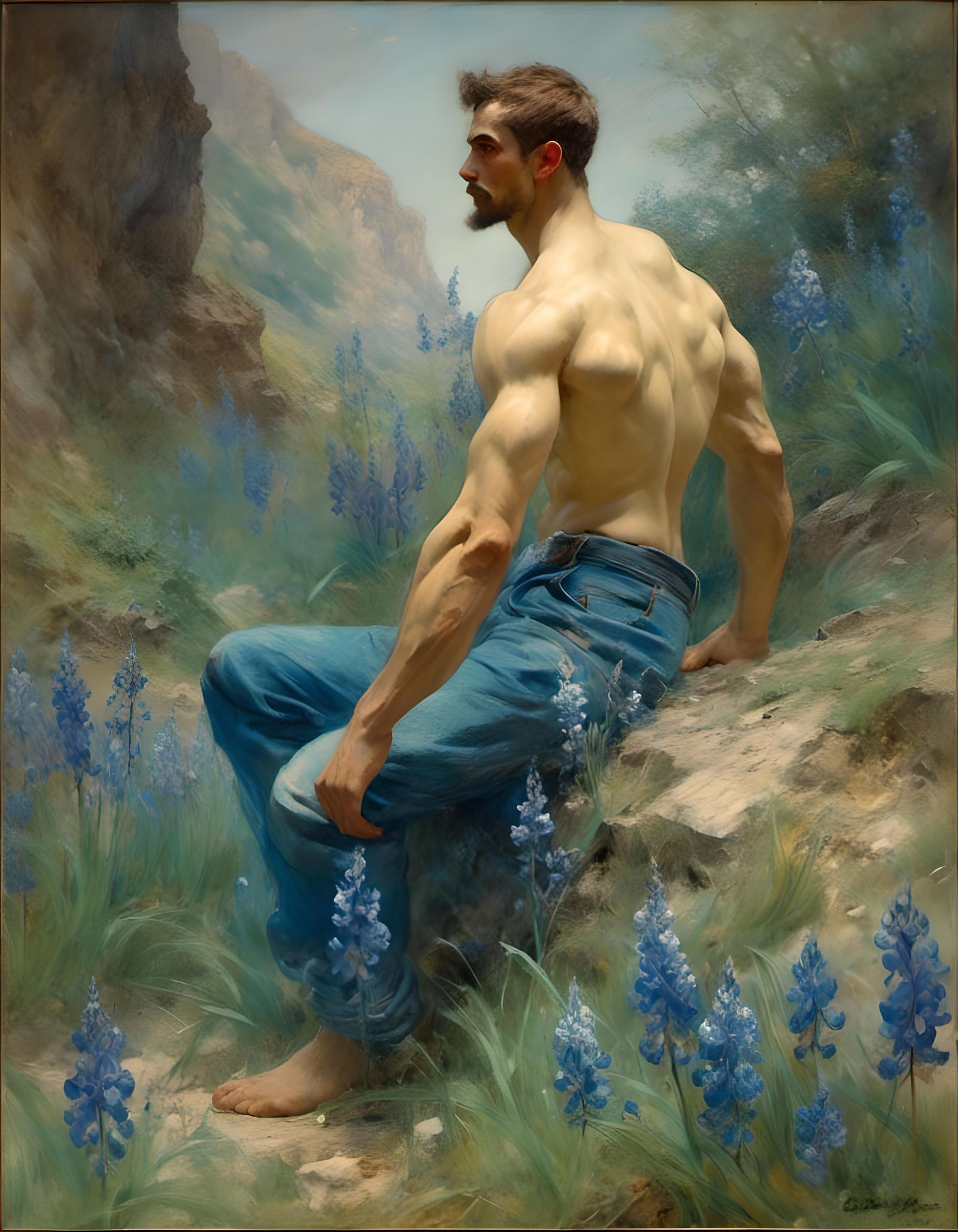 Blue Haired Man Surrounded by Hyacinthus Oil Painting