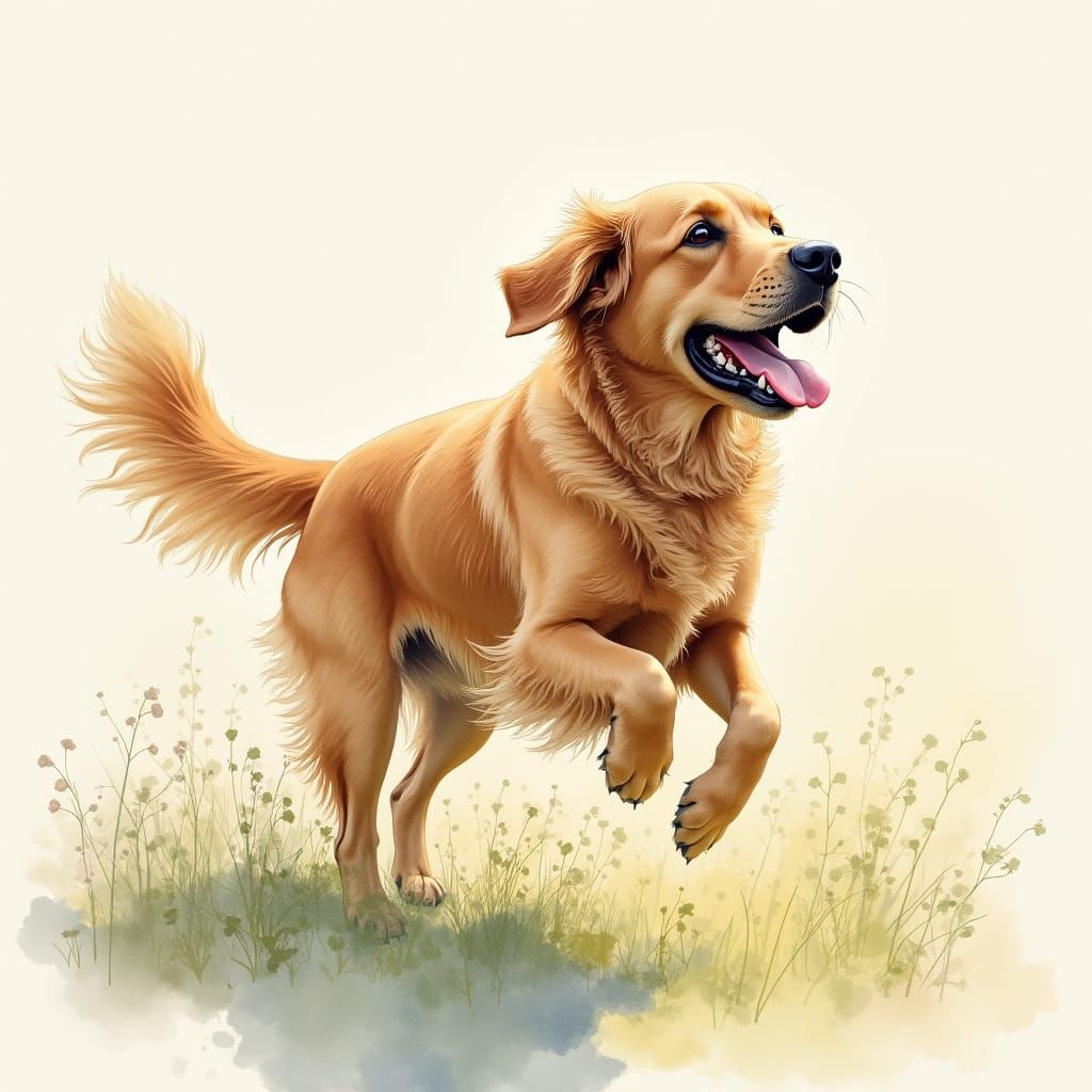 Playful Golden Retriever in Expressive Watercolor Style