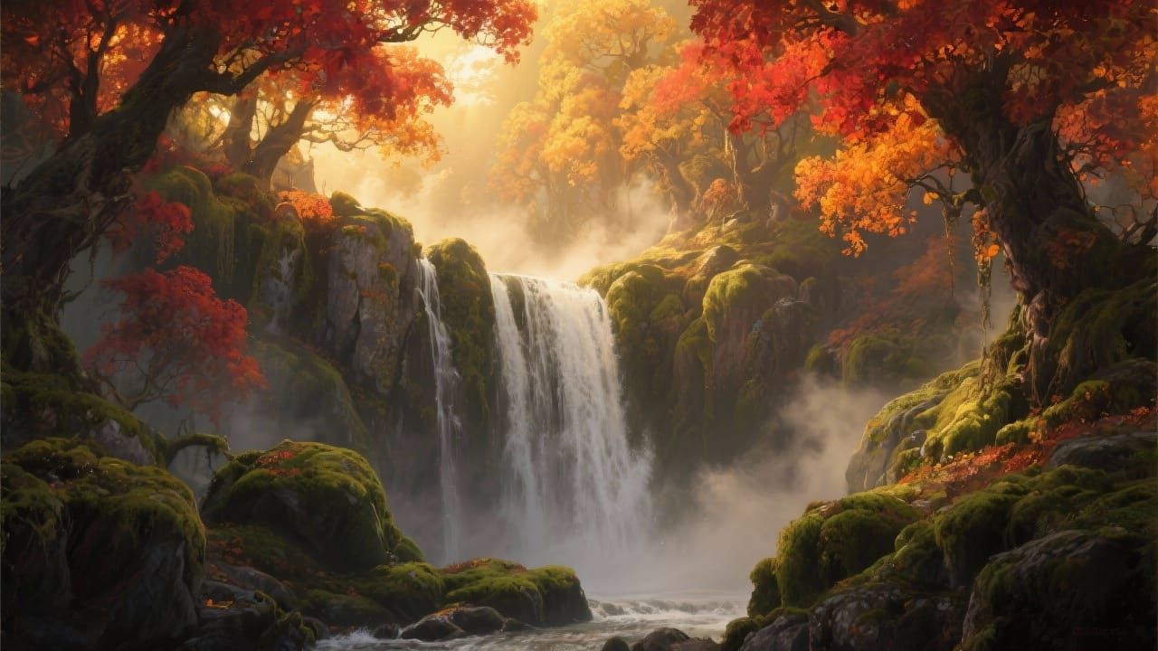 Majestic Autumn Waterfall in Ethereal Golden Light