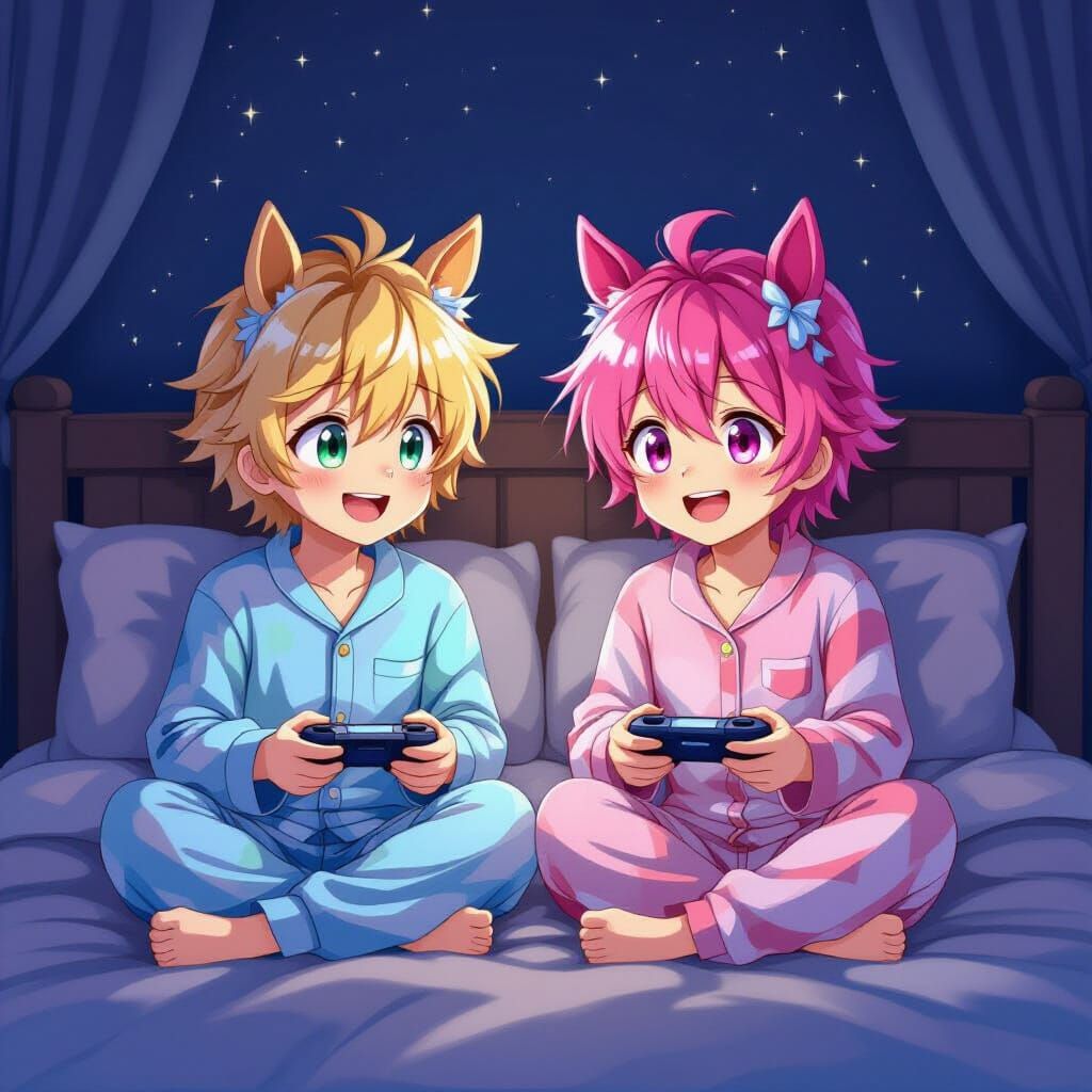 Anime Boys with Horse Ears Laughing on Bed