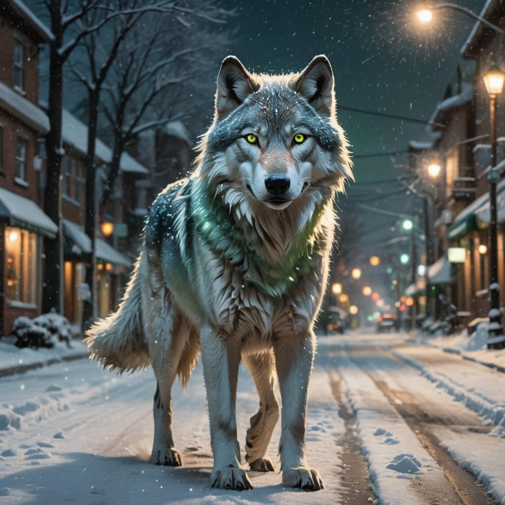 Hyperrealistic Wolf Strolls Through Snowy Nighttime Town in...