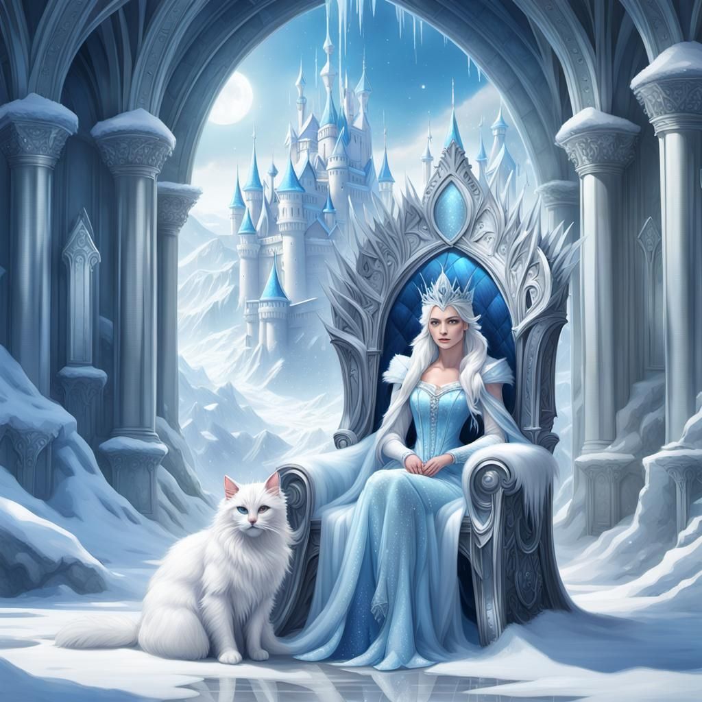 Snow Queen on Icy Throne with White Cat