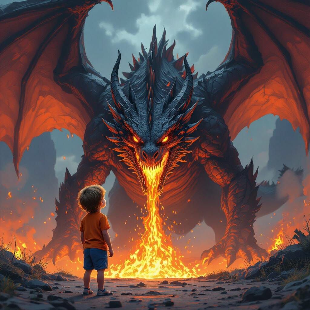 Boy and Lava Dragon in Sci-Fi Style
