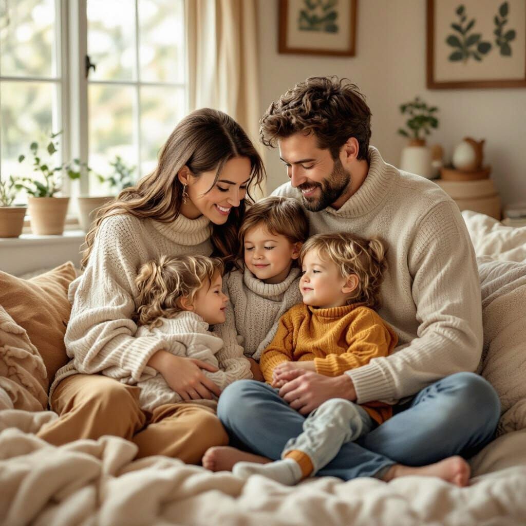 Cozy Family Gathering in Storybook Illustration Style