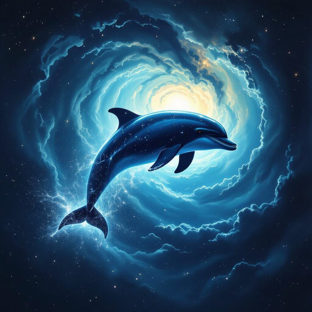 Bioluminescent Dolphin Leaping Through Galaxy in Gothic Styl...
