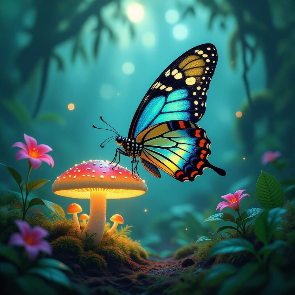 Bioluminescent Butterfly in Jungle, Art Nouveau Style