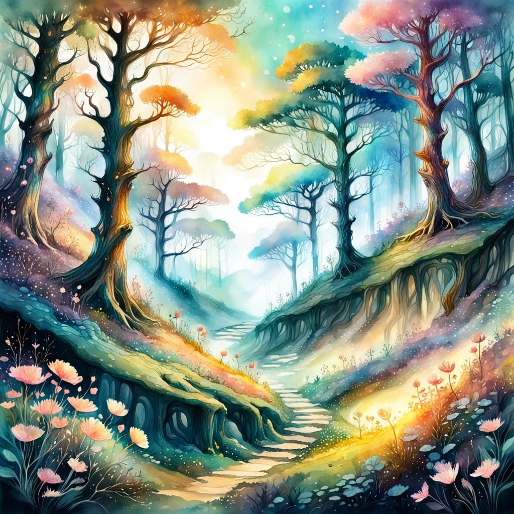 Mystical Forest: Digital Watercolor Illustration