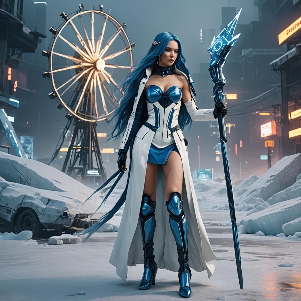 Cyberpunk Maiden with Frost Wand in Ice Kingdom