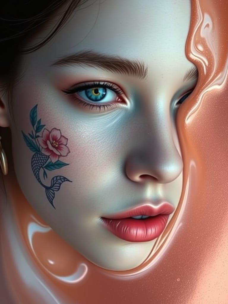 Surreal Woman with Rose Gold and Mermaid Tattoo
