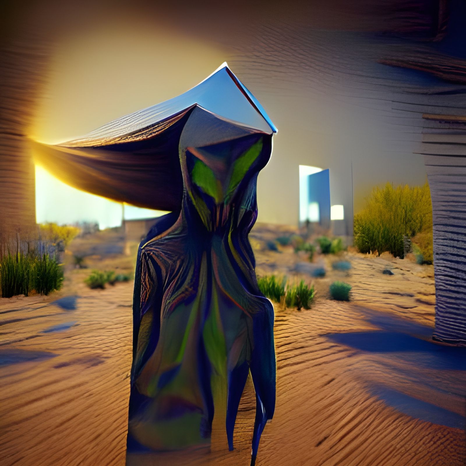 Hooded Alien Creature and Desert Monolith