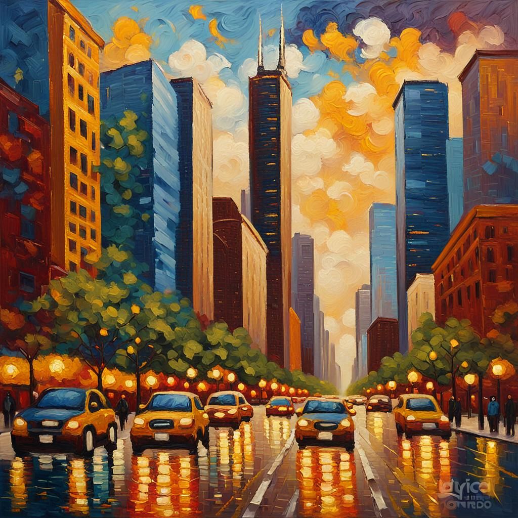 Expressionist Oil Painting of Chicago Cityscape