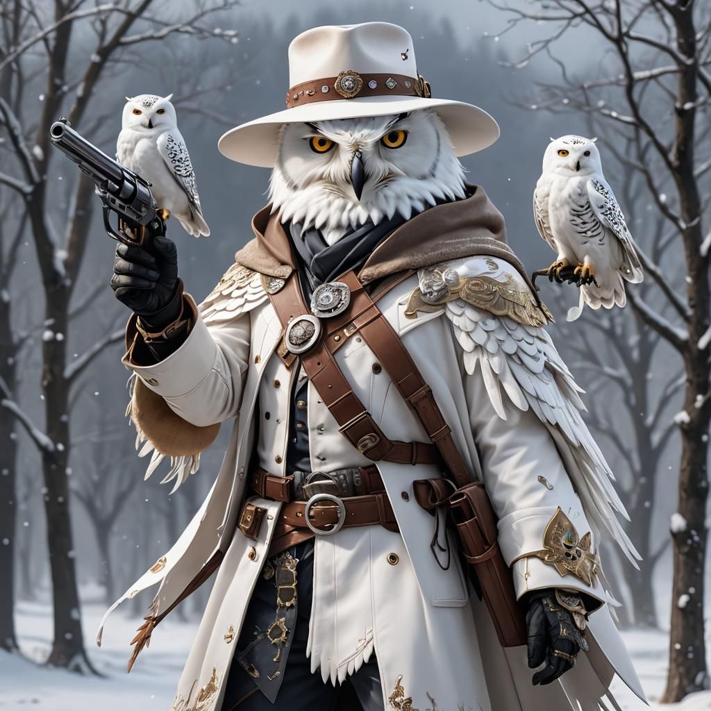 Snowy Owl Gunslinger in Anime Style