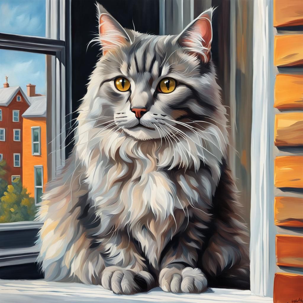 Gray Maine Coon Cat Waiting: Hyperrealistic Oil Painting