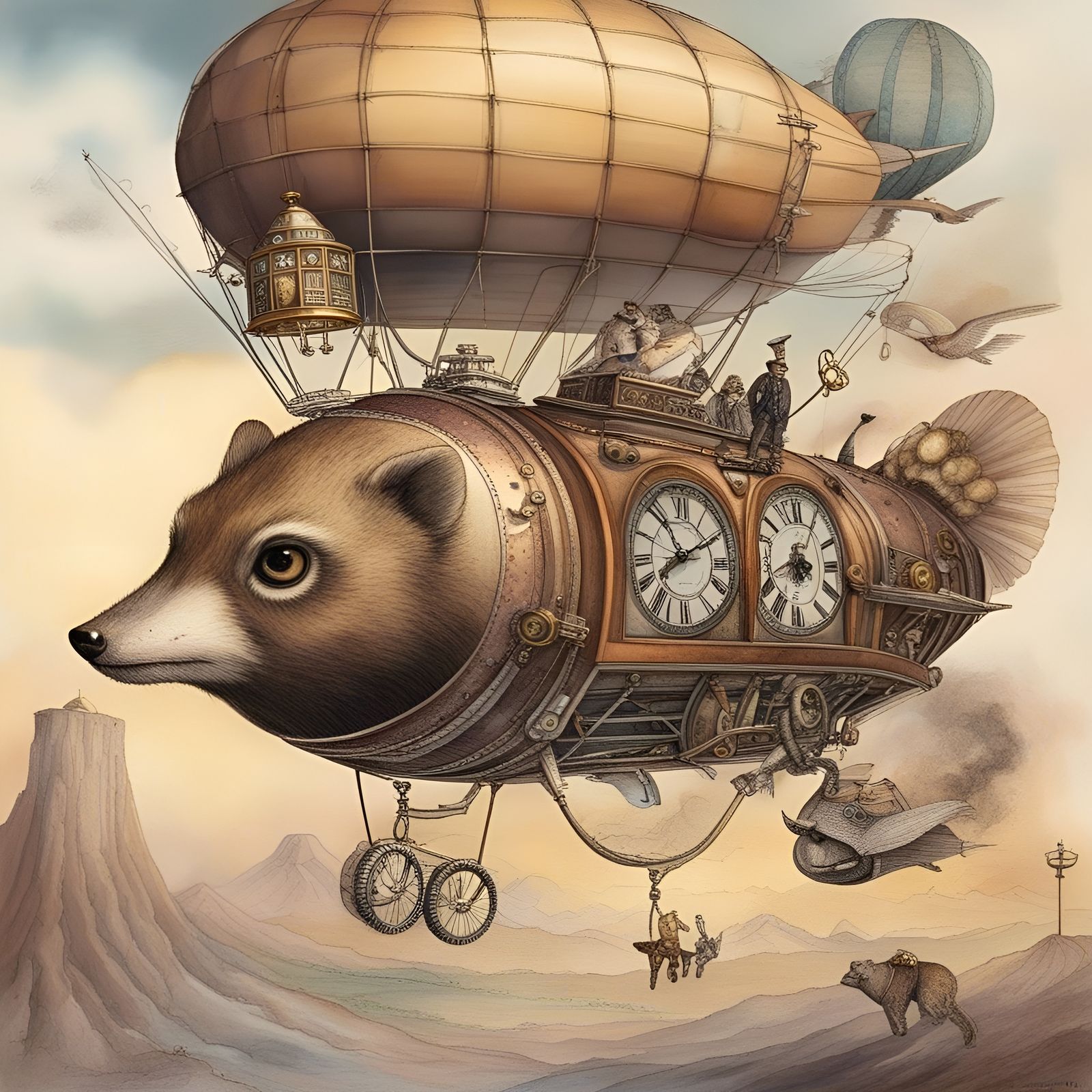 Steampunk Animal Airship Over Volcano in Watercolor Style
