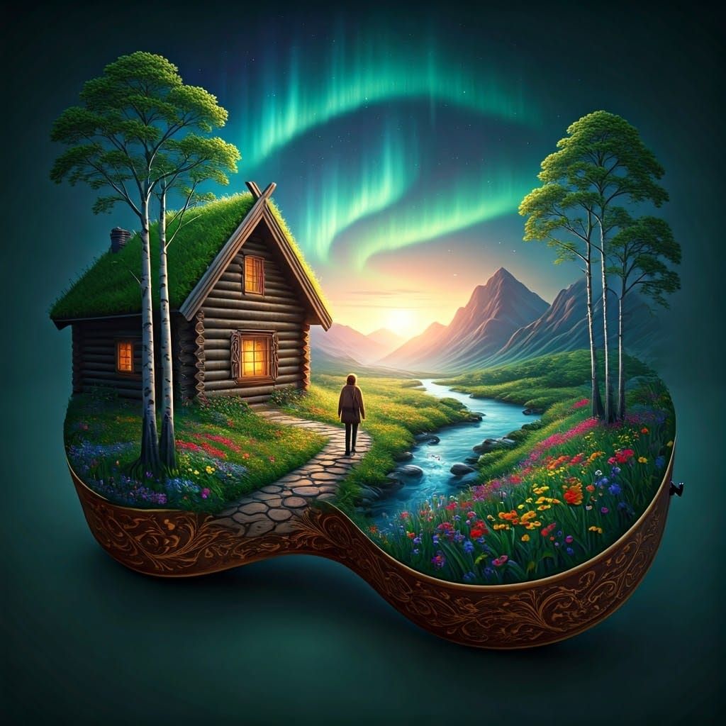 Surreal Norwegian Landscape Within Vintage Guitar Body