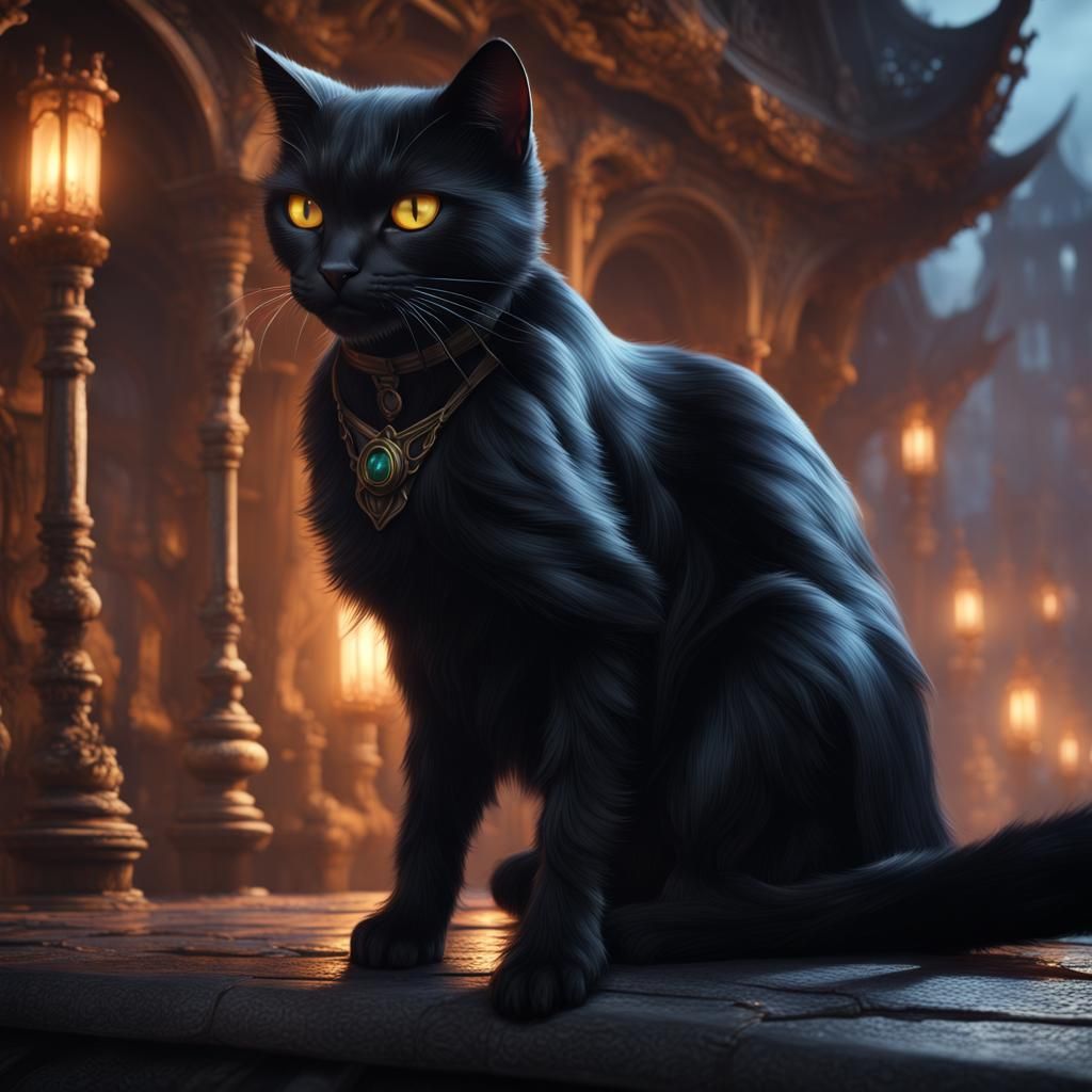 Fantastical Black Cat in Detailed Matte Painting