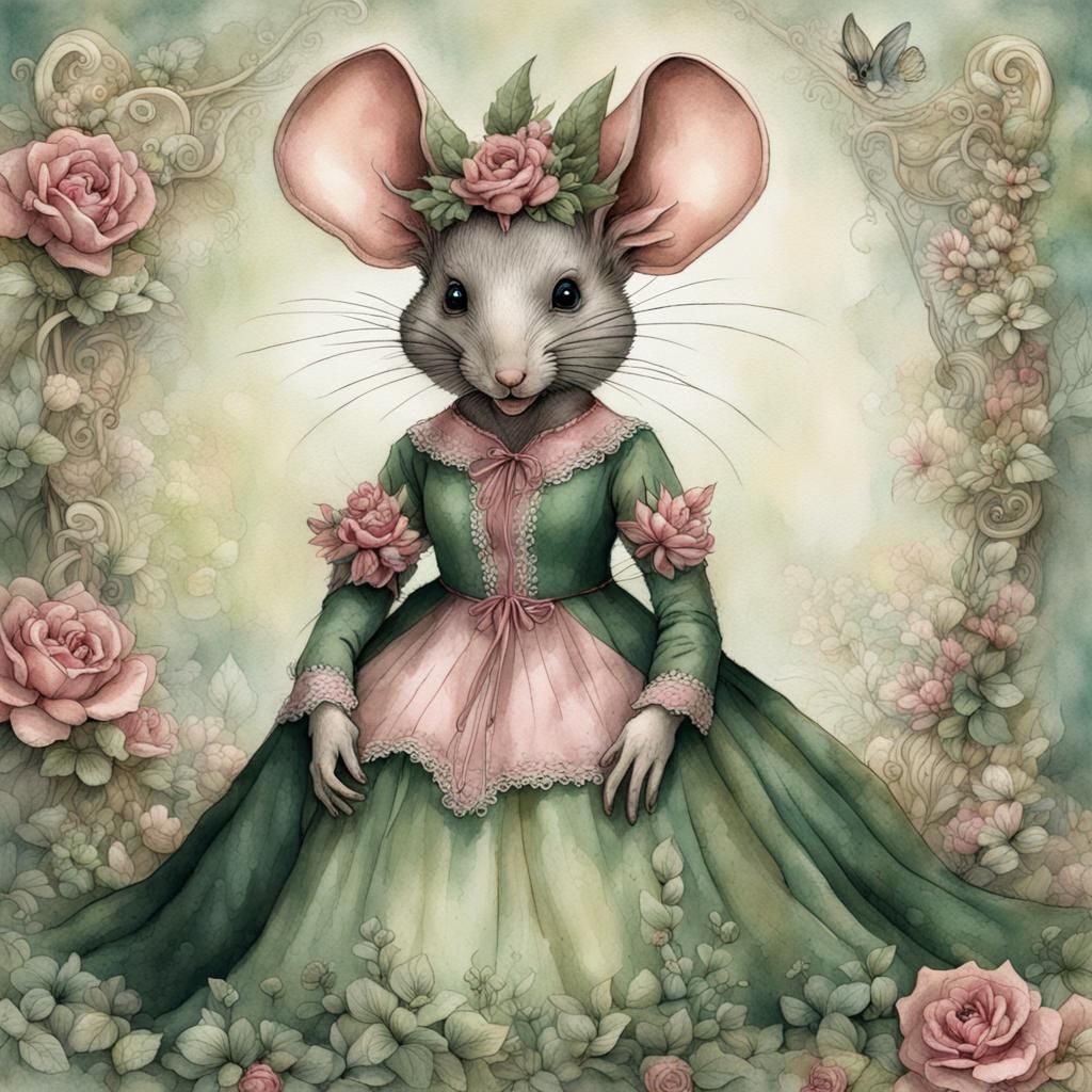 Watercolor Mouse in Vintage Dress, Beatrix Potter Style