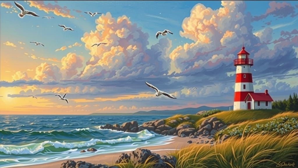 Impressionistic Coastal Lighthouse at Golden Hour