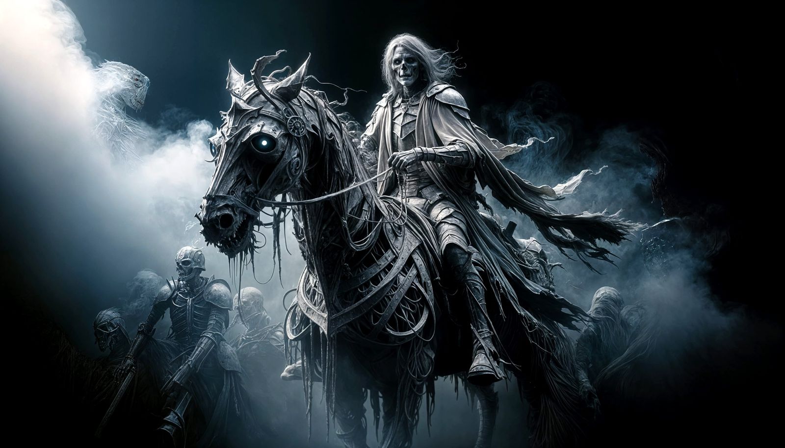 Sinister Knight Rides Pale Horse in Dystopian Landscape