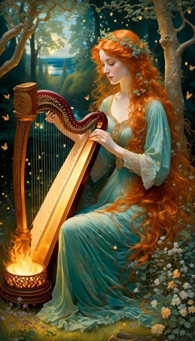 Celtic Woman Plays Harp in Forest, Neo-Impressionism