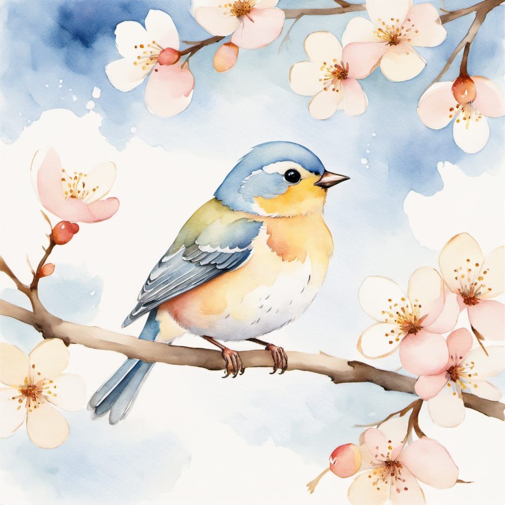 Whimsical Songbird in Pastel Cherry Blossoms