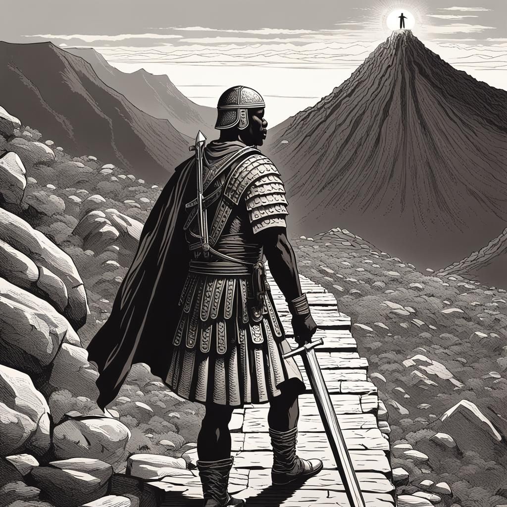 Black Roman Soldier's Journey to Mountain Top