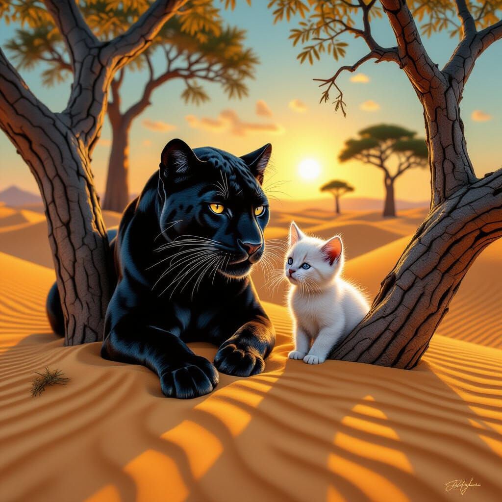 Black Panther and Kitten Oil Painting with Volumetric Impast...