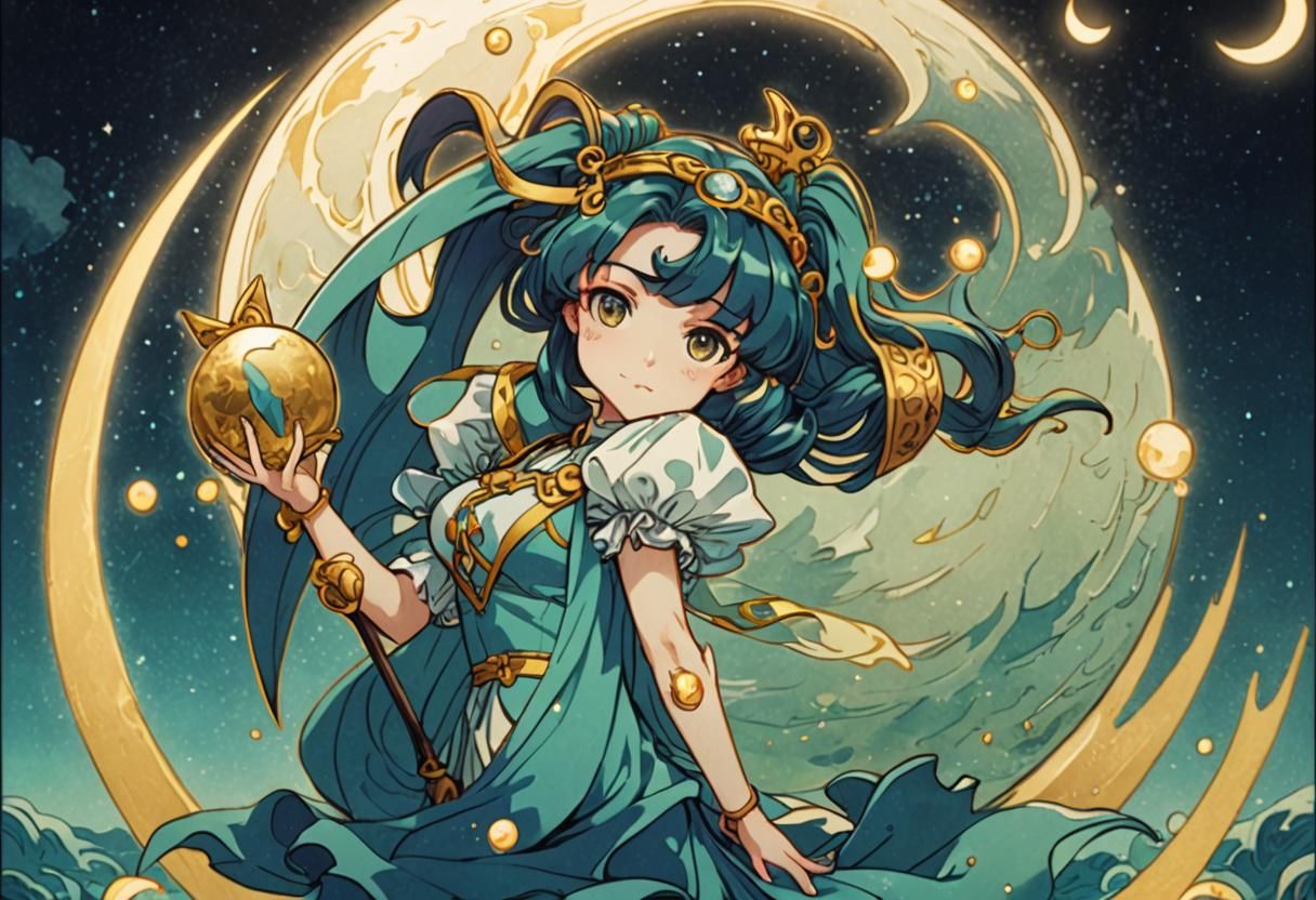 Moon Pisces Tarot Card in Anime Style