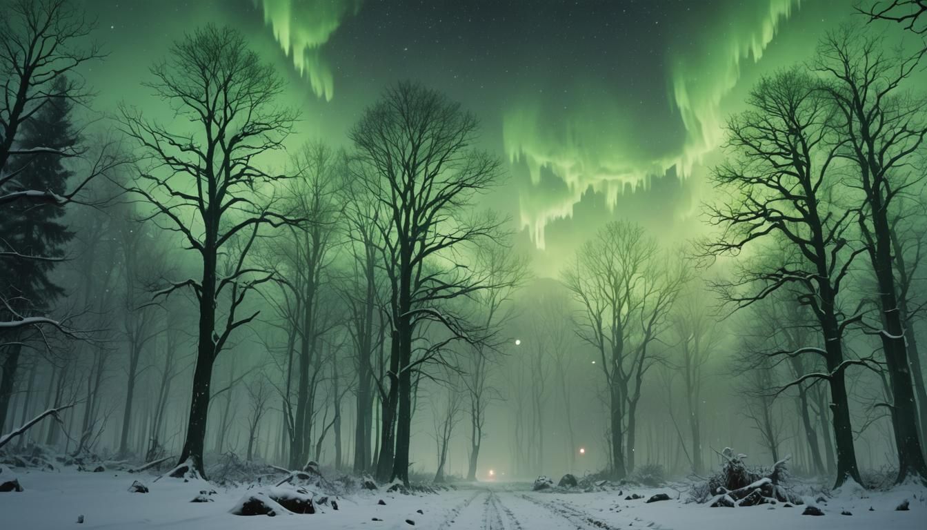 Eerie Green Lights Over Snowy Forest